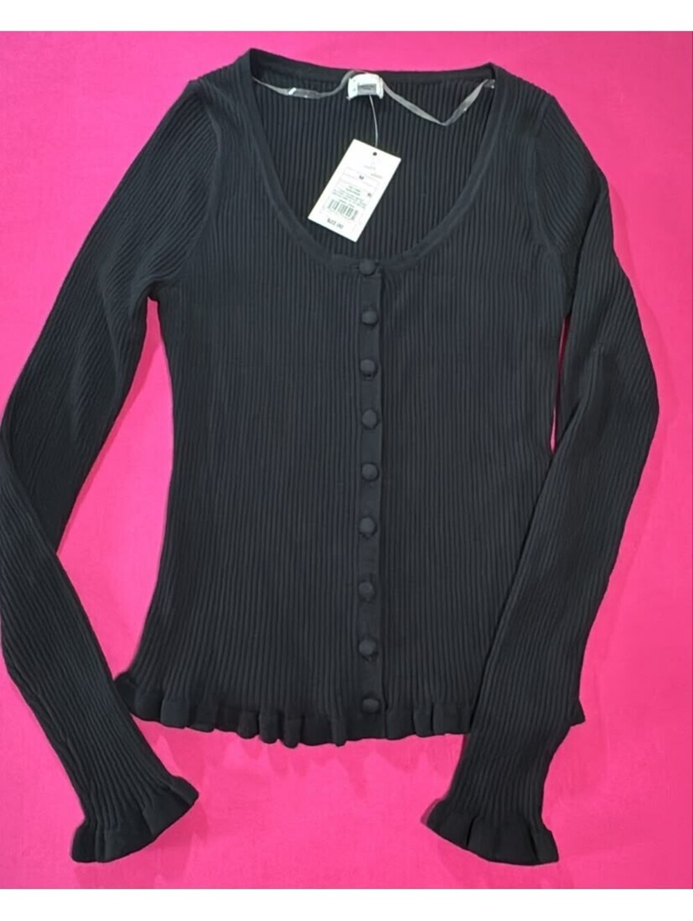A New Day Black Ribbed Button Cardigan Long Sleeve Size M New